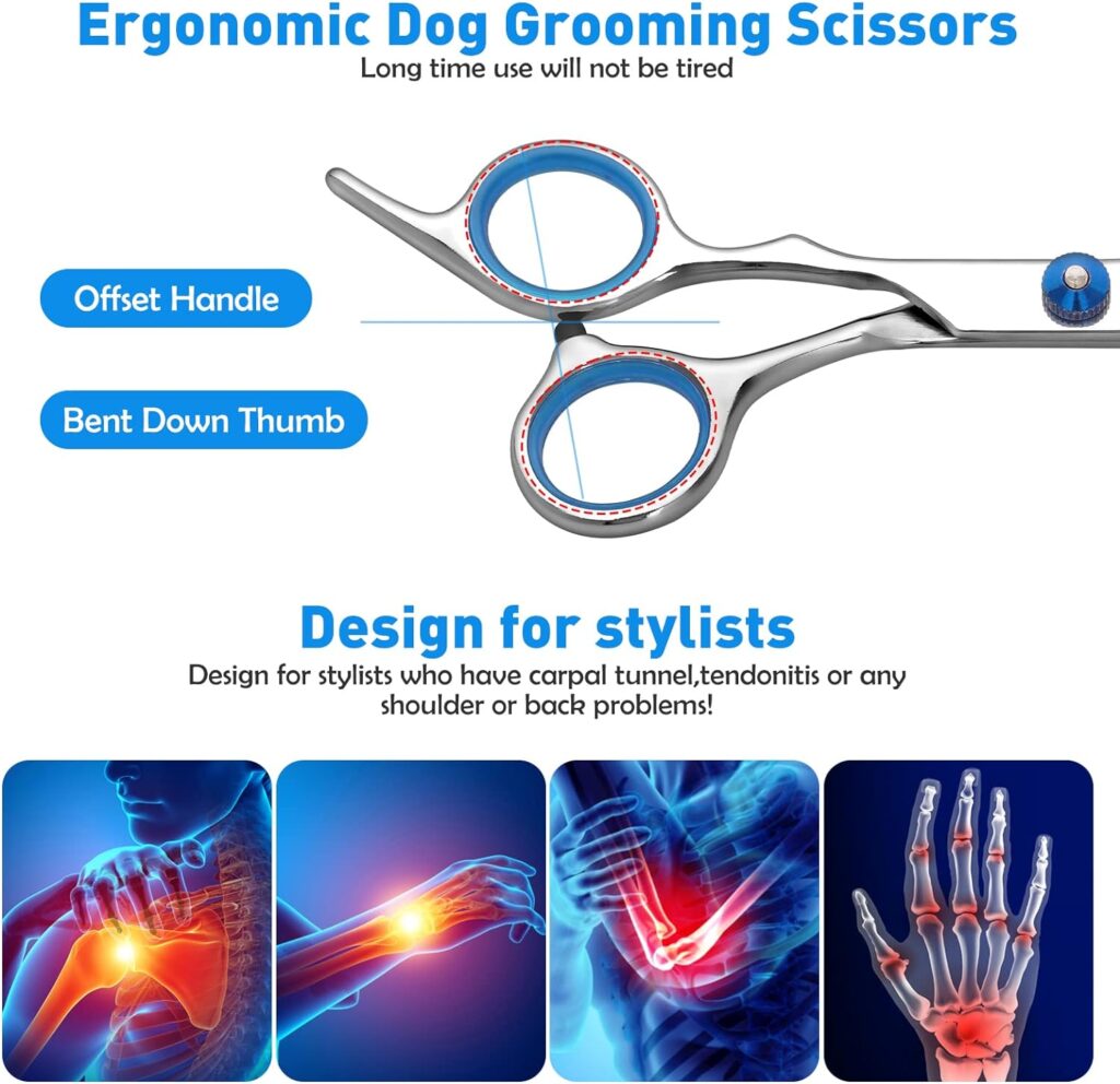 Dog Grooming Scissors, Cat Grooming Scissors, Pet Grooming Scissors with Safety Round Tip, Stainless Steel Dog Cat Grooming Shears (Blue Scissors Set)