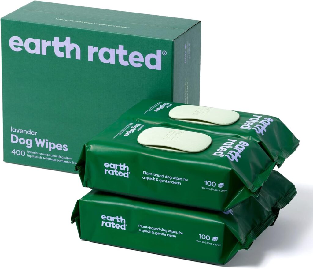 Earth Rated Dog Wipes for Dogs  Puppies, Thick Plant Based Grooming Wipes For Easy Use on Paws, Body and Bum, Lavender-Scented, 400 Count