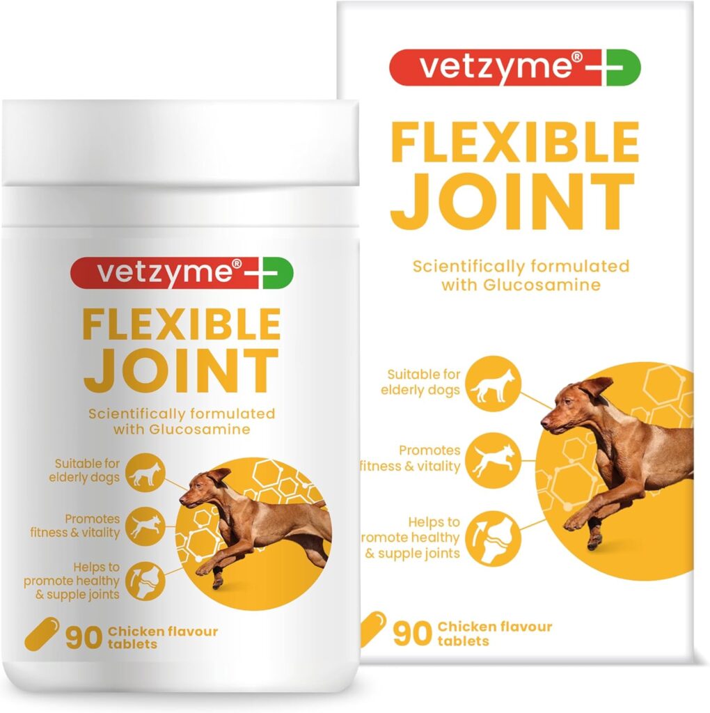 Vetzyme | Flexible Joint Tablets with Glucosamine for Dogs, Hip  Joint Care Supplements | Tasty Chicken Treats with Fish Oil (90 Tablets)
